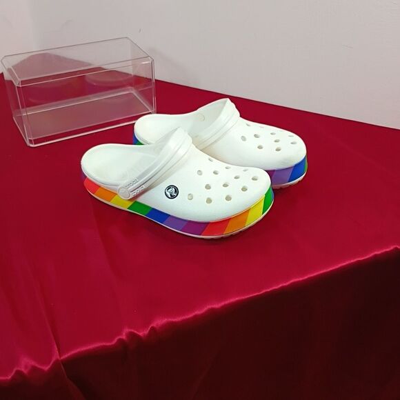 Crocs Men's SZ 5 Women's SZ 7 Rainbow Pride White Slip On Shoes Sandals - Picture 5 of 9